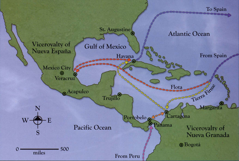 Spanish treasure fleet route to and from the New World